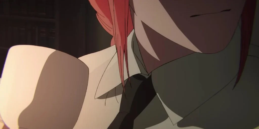 Makima listening quietly as Reze hums.