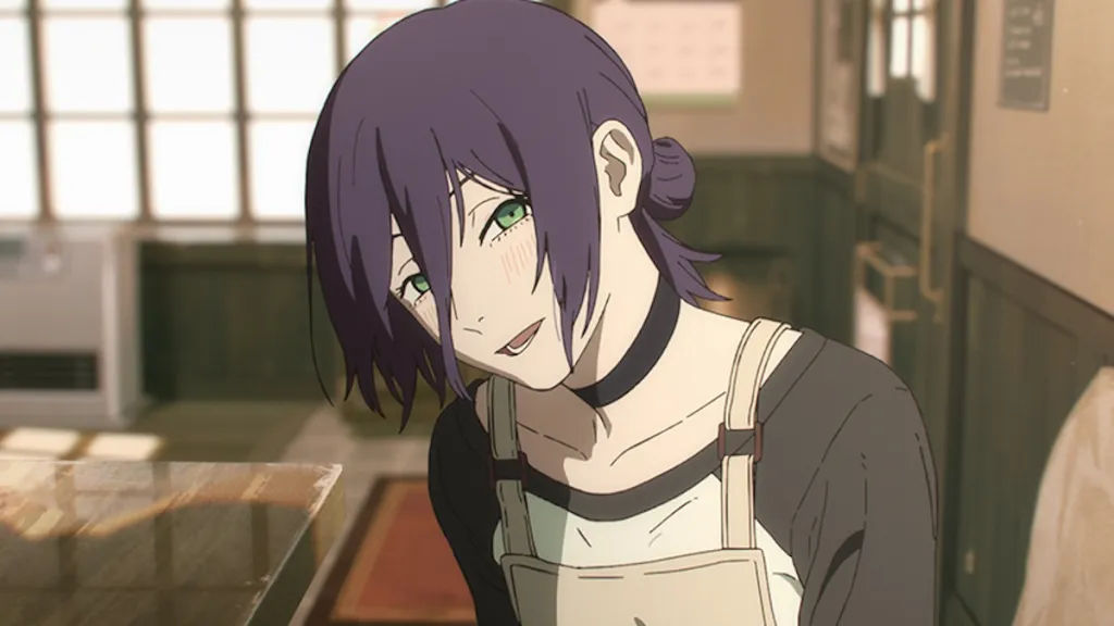 Reze smiling during one of her early scenes in the movie.